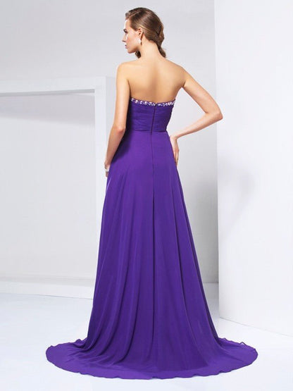 NumberSea - A - Line/Princess Sweetheart Sleeveless Beading Ruched Long Chiffon Dresses