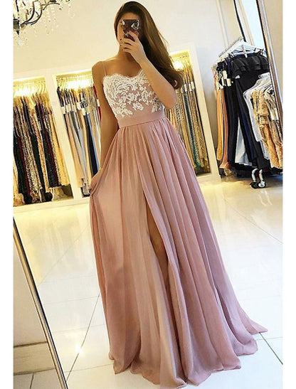 NumberSea - A - line/Princess Sweetheart Sleeveless Long/Floor - Length Chiffon Prom Dress With Split Appliqued