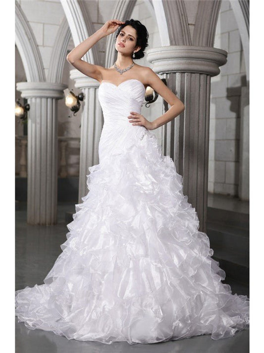 NumberSea - A - Line/Princess Sweetheart Sleeveless Pleats Beading Long Organza Wedding Dresses