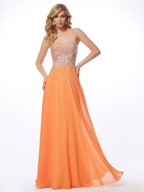 NumberSea - A - Line/Princess Sweetheart Sleeveless Rhinestone Long Chiffon Dresses