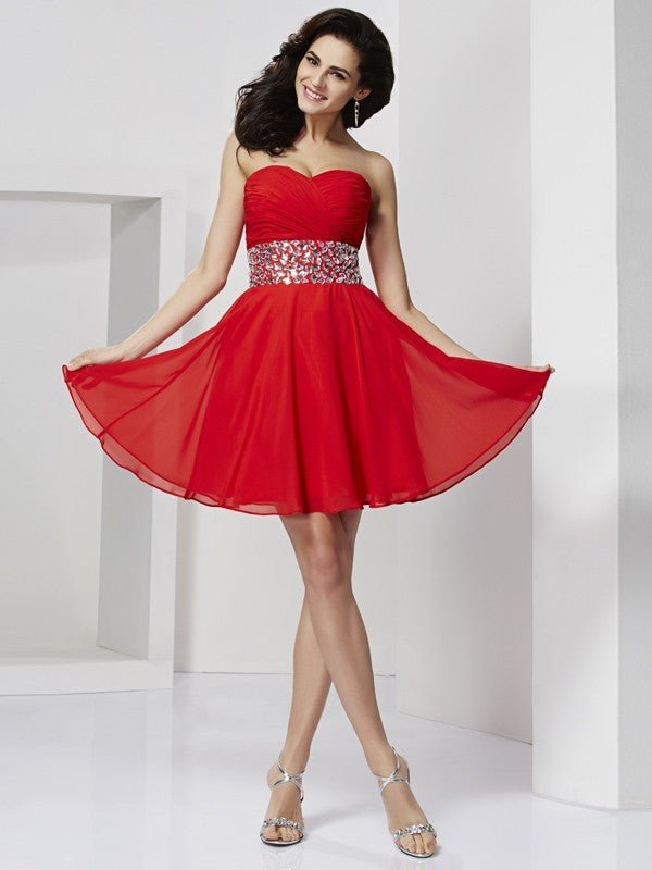 NumberSea - A - Line/Princess Sweetheart Sleeveless Rhinestone Short Chiffon Homecoming Dresses