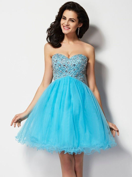 NumberSea - A - Line/Princess Sweetheart Sleeveless Short Beading Tulle Homecoming Dresses