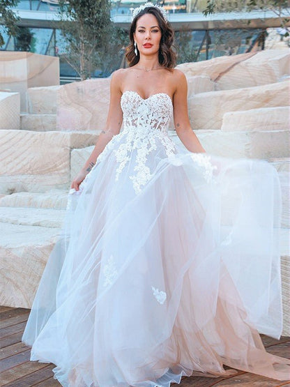 NumberSea - A - Line/Princess Sweetheart Tulle Applique Sleeveless Sweep/Brush Train Wedding Dresses