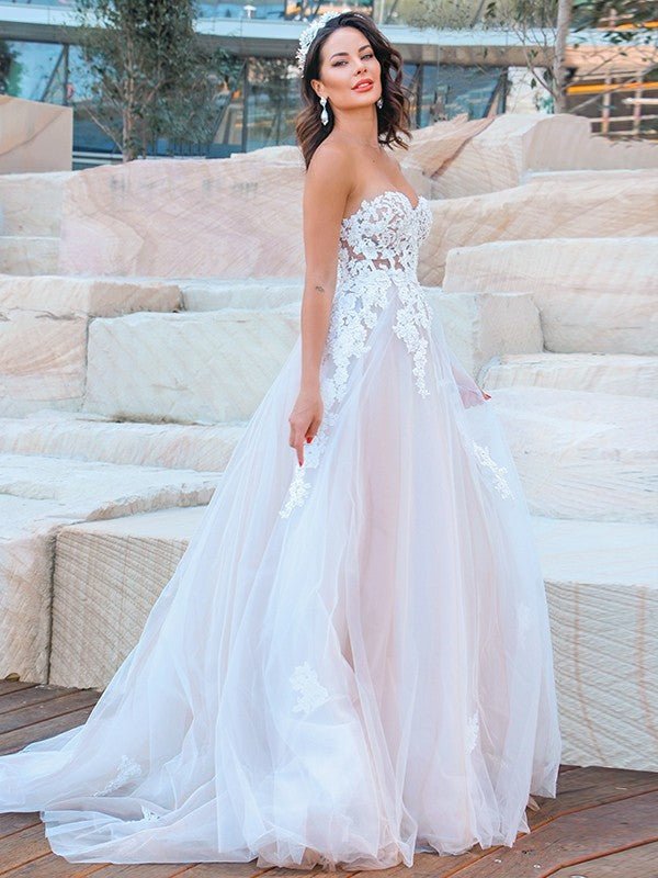 NumberSea - A - Line/Princess Sweetheart Tulle Applique Sleeveless Sweep/Brush Train Wedding Dresses