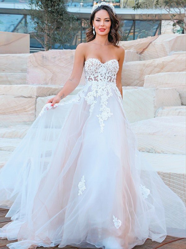 NumberSea - A - Line/Princess Sweetheart Tulle Applique Sleeveless Sweep/Brush Train Wedding Dresses