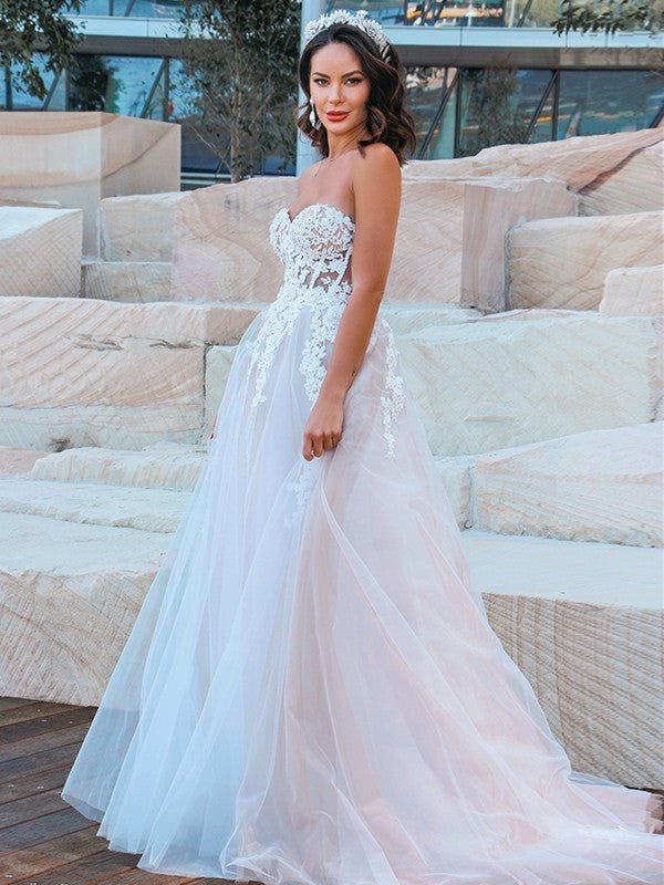 NumberSea - A - Line/Princess Sweetheart Tulle Applique Sleeveless Sweep/Brush Train Wedding Dresses