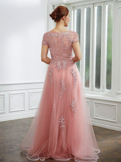 NumberSea - A - Line/Princess Tulle Applique Bateau Short Sleeves Floor - Length Dresses