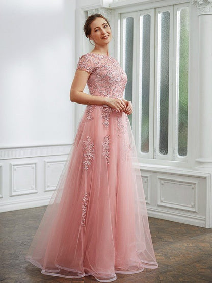 NumberSea - A - Line/Princess Tulle Applique Bateau Short Sleeves Floor - Length Dresses