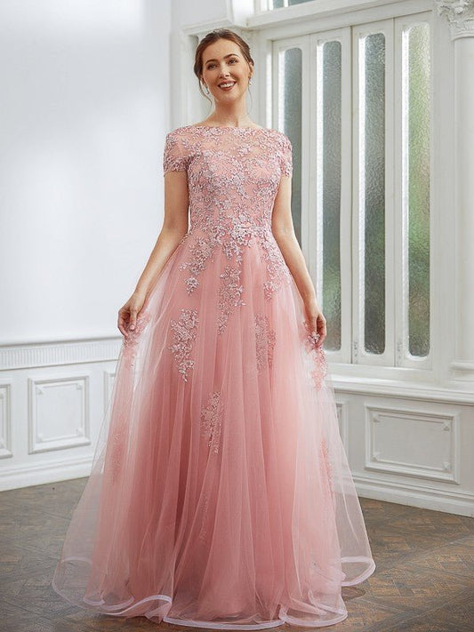 NumberSea - A - Line/Princess Tulle Applique Bateau Short Sleeves Floor - Length Dresses