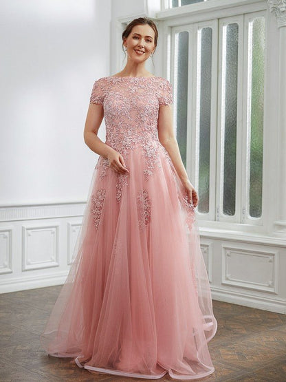 NumberSea - A - Line/Princess Tulle Applique Bateau Short Sleeves Floor - Length Dresses