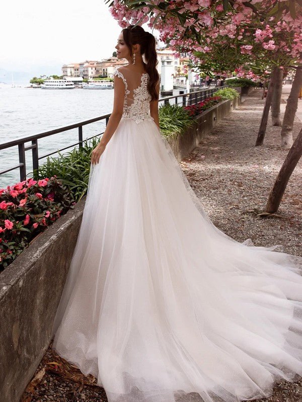 NumberSea - A - Line/Princess Tulle Applique Bateau Sleeveless Court Train Wedding Dresses