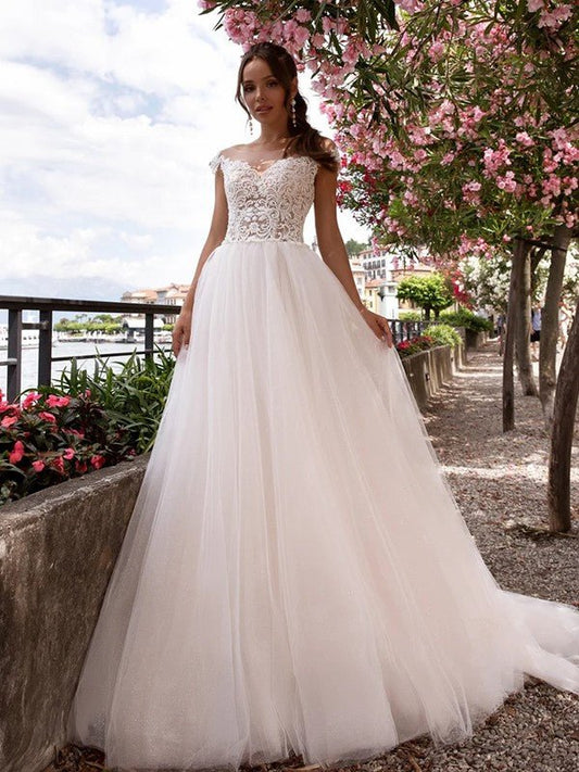 NumberSea - A - Line/Princess Tulle Applique Bateau Sleeveless Court Train Wedding Dresses