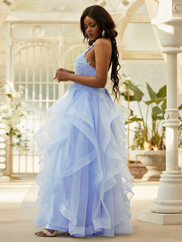 NumberSea - A - Line/Princess Tulle Applique Halter Sleeveless Floor - Length Dresses