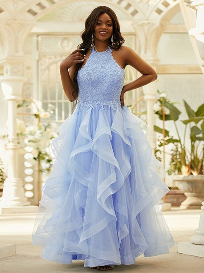 NumberSea - A - Line/Princess Tulle Applique Halter Sleeveless Floor - Length Dresses