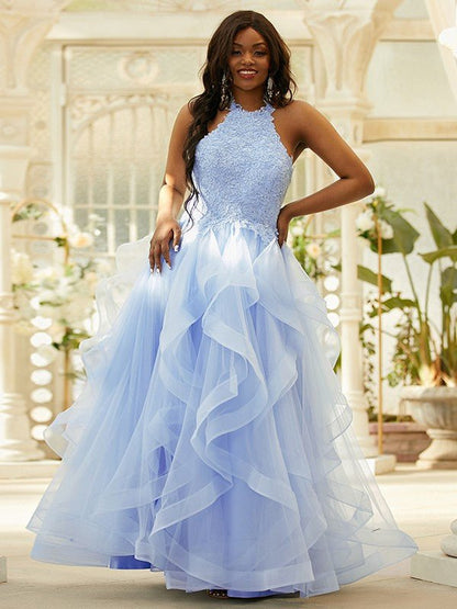 NumberSea - A - Line/Princess Tulle Applique Halter Sleeveless Floor - Length Dresses