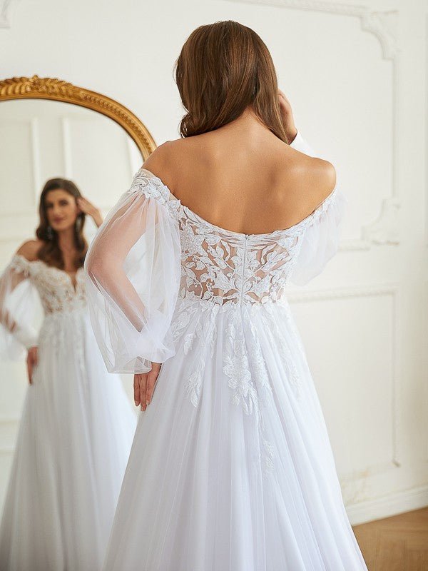 NumberSea - A - Line/Princess Tulle Applique Off - the - Shoulder Long Sleeves Chapel Train Wedding Dresses