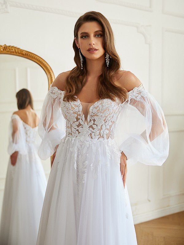 NumberSea - A - Line/Princess Tulle Applique Off - the - Shoulder Long Sleeves Chapel Train Wedding Dresses