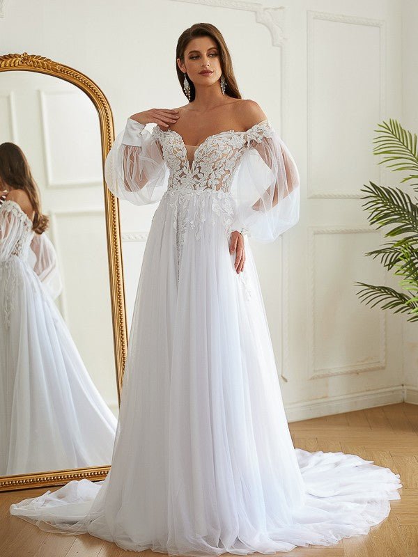 NumberSea - A - Line/Princess Tulle Applique Off - the - Shoulder Long Sleeves Chapel Train Wedding Dresses