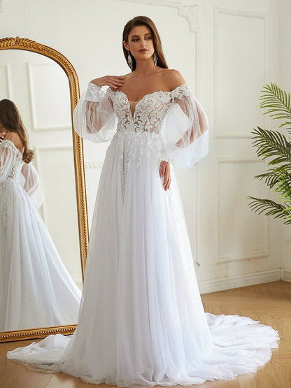 NumberSea - A - Line/Princess Tulle Applique Off - the - Shoulder Long Sleeves Chapel Train Wedding Dresses