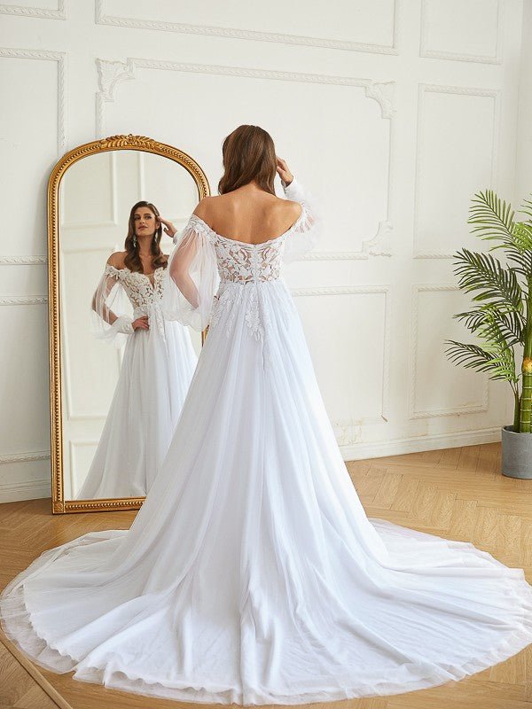 NumberSea - A - Line/Princess Tulle Applique Off - the - Shoulder Long Sleeves Chapel Train Wedding Dresses