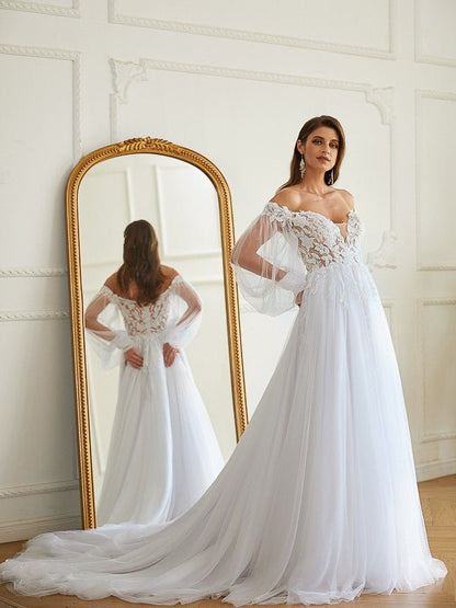 NumberSea - A - Line/Princess Tulle Applique Off - the - Shoulder Long Sleeves Chapel Train Wedding Dresses