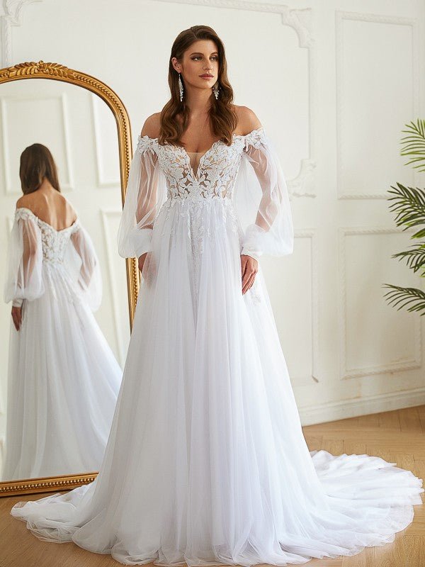 NumberSea - A - Line/Princess Tulle Applique Off - the - Shoulder Long Sleeves Chapel Train Wedding Dresses