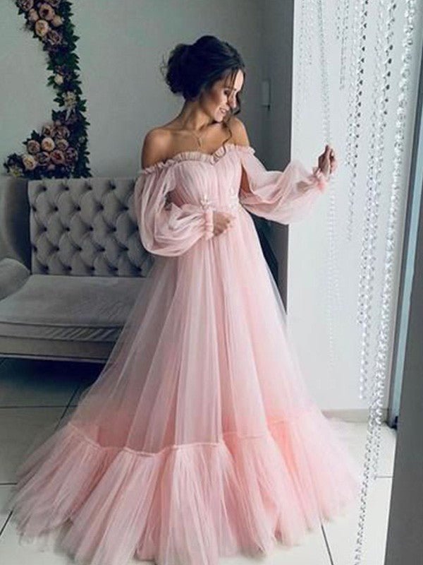 NumberSea - A - Line/Princess Tulle Applique Off - the - Shoulder Long Sleeves Floor - Length Dresses