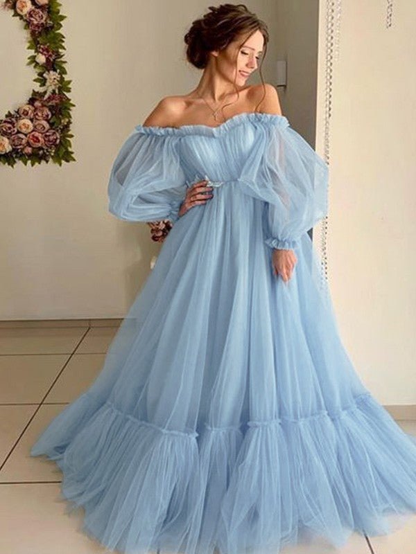 NumberSea - A - Line/Princess Tulle Applique Off - the - Shoulder Long Sleeves Floor - Length Dresses