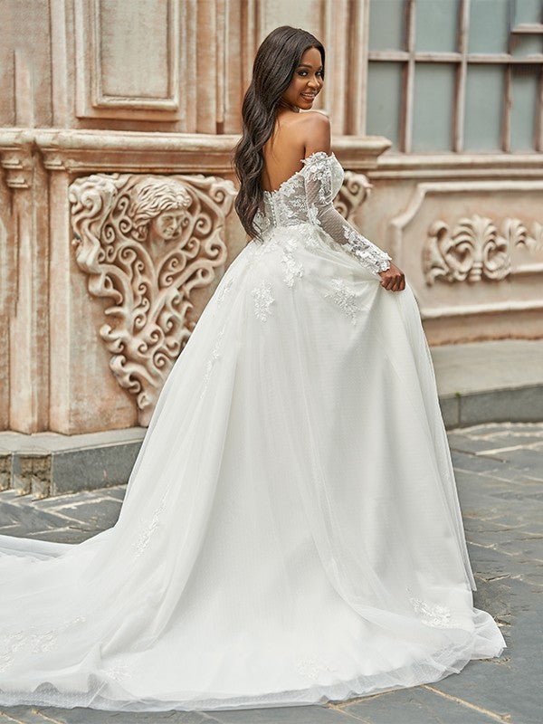 NumberSea - A - Line/Princess Tulle Applique Off - the - Shoulder Long Sleeves Sweep/Brush Train Wedding Dresses