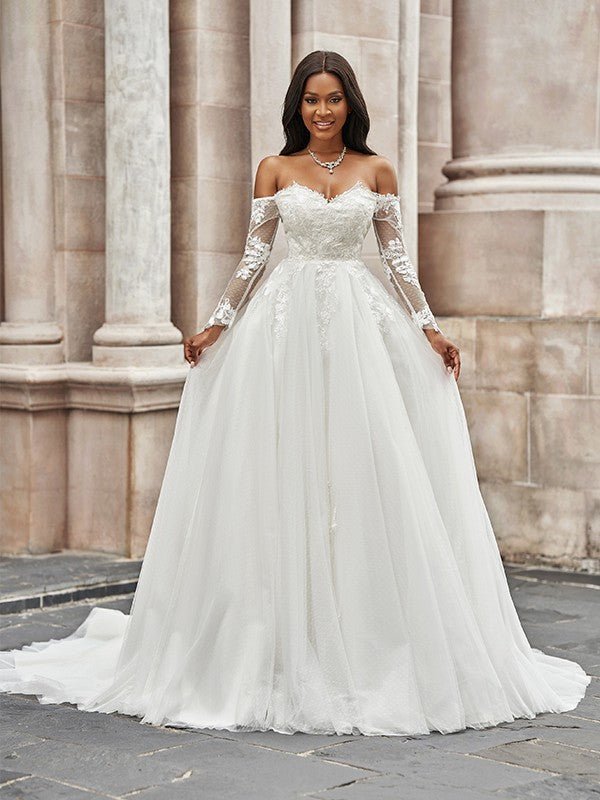 NumberSea - A - Line/Princess Tulle Applique Off - the - Shoulder Long Sleeves Sweep/Brush Train Wedding Dresses