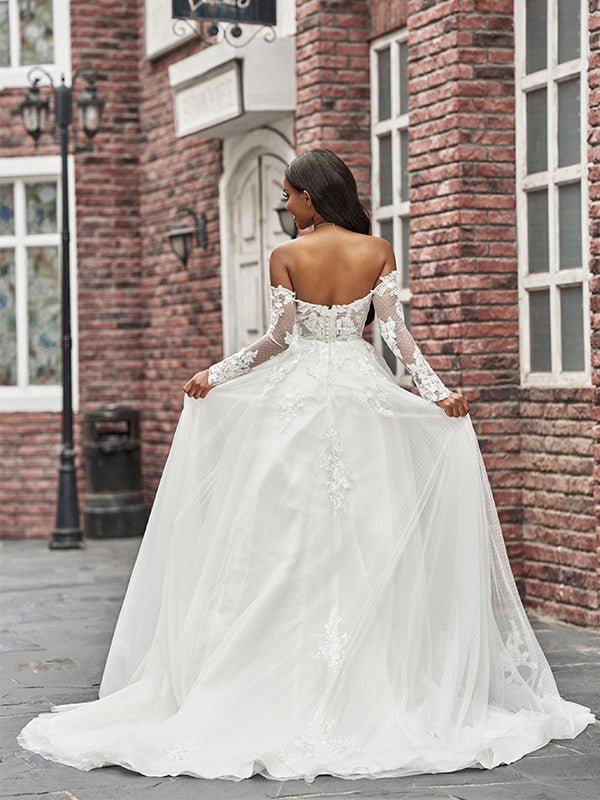 NumberSea - A - Line/Princess Tulle Applique Off - the - Shoulder Long Sleeves Sweep/Brush Train Wedding Dresses