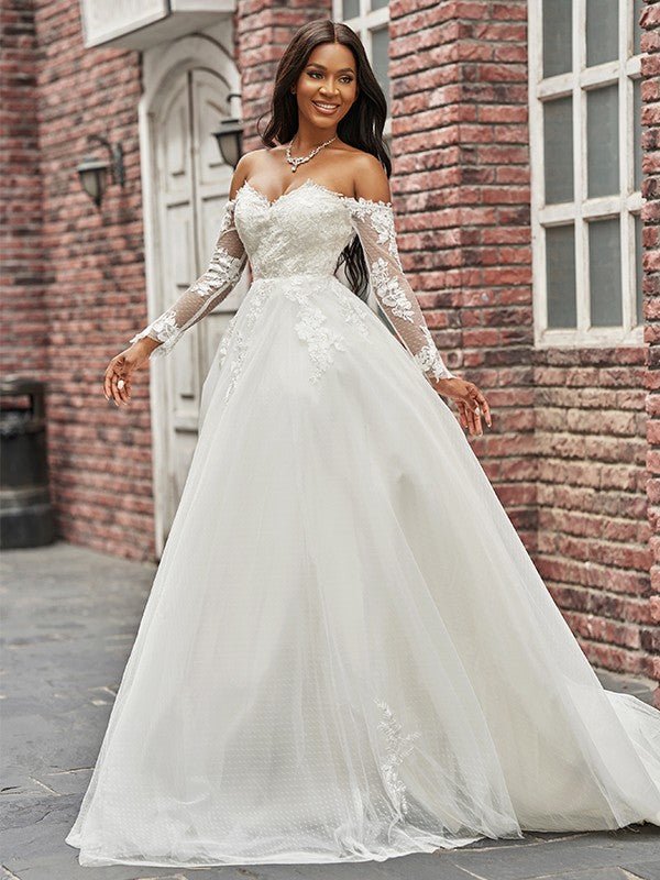 NumberSea - A - Line/Princess Tulle Applique Off - the - Shoulder Long Sleeves Sweep/Brush Train Wedding Dresses