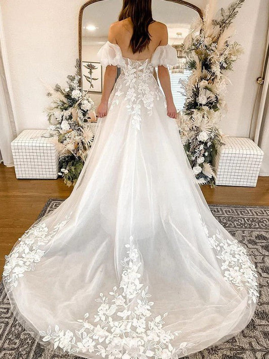 NumberSea - A - Line/Princess Tulle Applique Off - the - Shoulder Short Sleeves Chapel Train Wedding Dresses