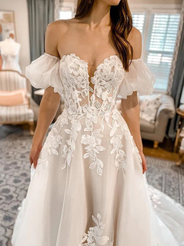 NumberSea - A - Line/Princess Tulle Applique Off - the - Shoulder Short Sleeves Chapel Train Wedding Dresses