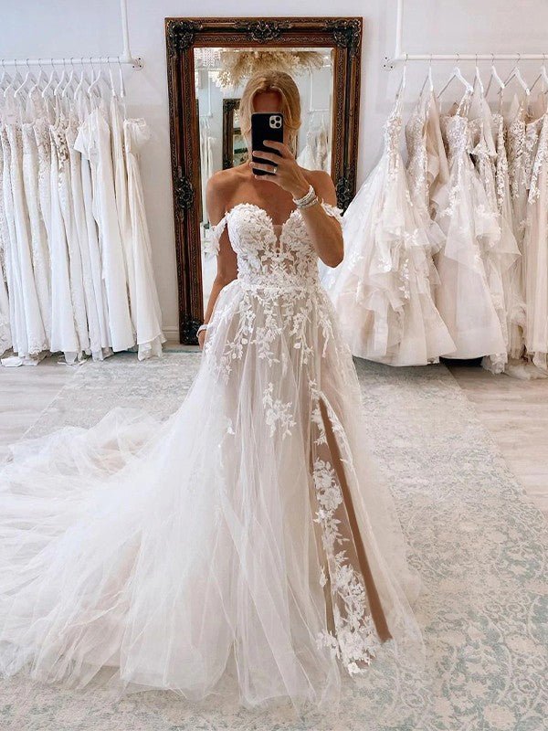 NumberSea - A - Line/Princess Tulle Applique Off - the - Shoulder Sleeveless Chapel Train Wedding Dresses