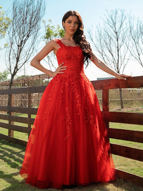 NumberSea - A - Line/Princess Tulle Applique Off - the - Shoulder Sleeveless Floor - Length Dresses