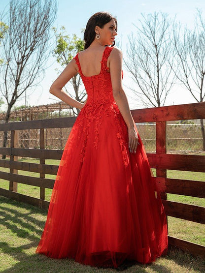 NumberSea - A - Line/Princess Tulle Applique Off - the - Shoulder Sleeveless Floor - Length Dresses