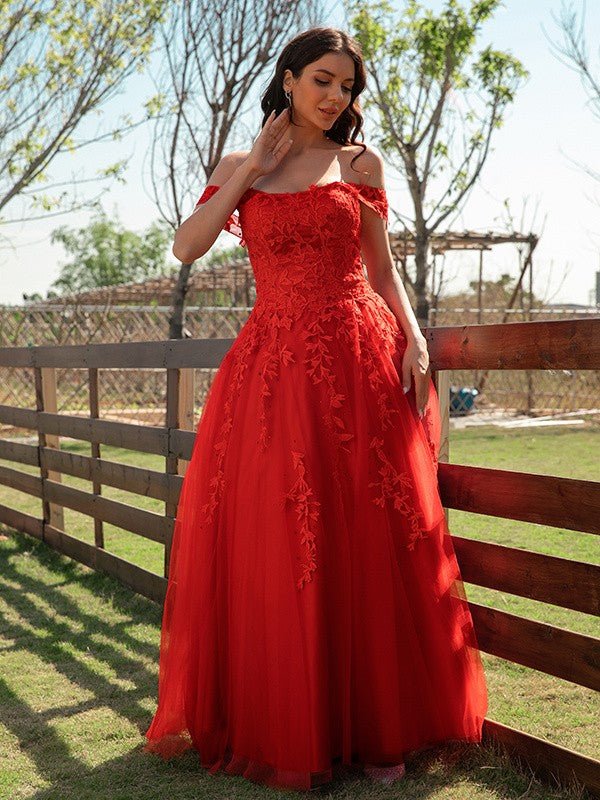 NumberSea - A - Line/Princess Tulle Applique Off - the - Shoulder Sleeveless Floor - Length Dresses