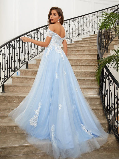 NumberSea - A - Line/Princess Tulle Applique Off - the - Shoulder Sleeveless Sweep/Brush Train Dresses