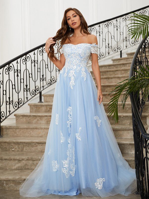 NumberSea - A - Line/Princess Tulle Applique Off - the - Shoulder Sleeveless Sweep/Brush Train Dresses