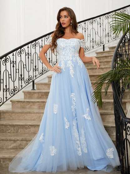 NumberSea - A - Line/Princess Tulle Applique Off - the - Shoulder Sleeveless Sweep/Brush Train Dresses