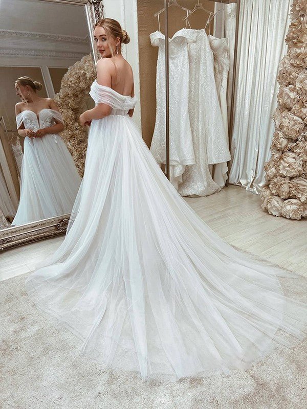 NumberSea - A - Line/Princess Tulle Applique Off - the - Shoulder Sleeveless Sweep/Brush Train Wedding Dresses