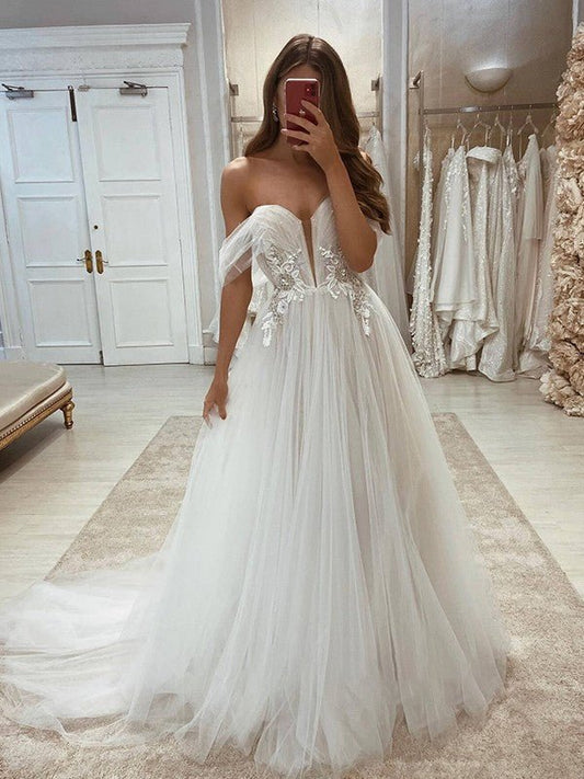 NumberSea - A - Line/Princess Tulle Applique Off - the - Shoulder Sleeveless Sweep/Brush Train Wedding Dresses