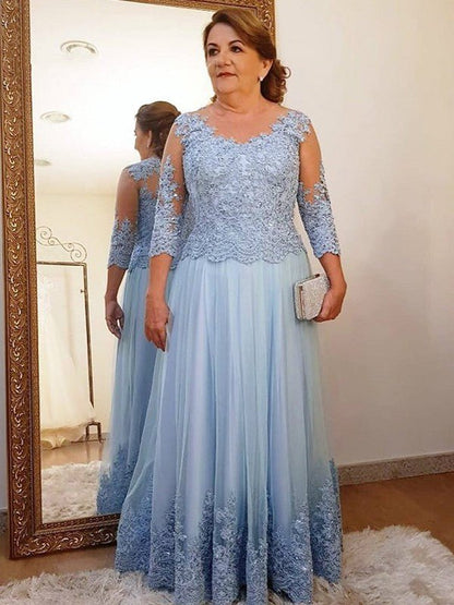 NumberSea - A - Line/Princess Tulle Applique Scoop 3/4 Sleeves Floor - Length Mother of the Bride Dresses