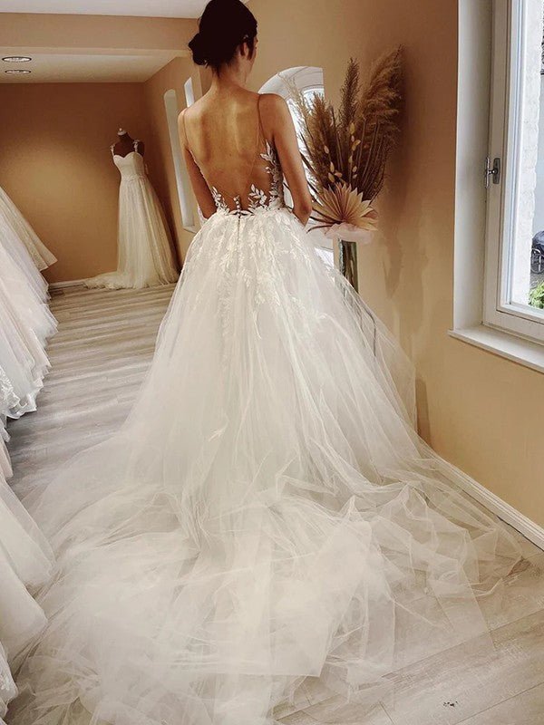 NumberSea - A - Line/Princess Tulle Applique Scoop Sleeveless Chapel Train Wedding Dresses