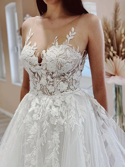 NumberSea - A - Line/Princess Tulle Applique Scoop Sleeveless Chapel Train Wedding Dresses