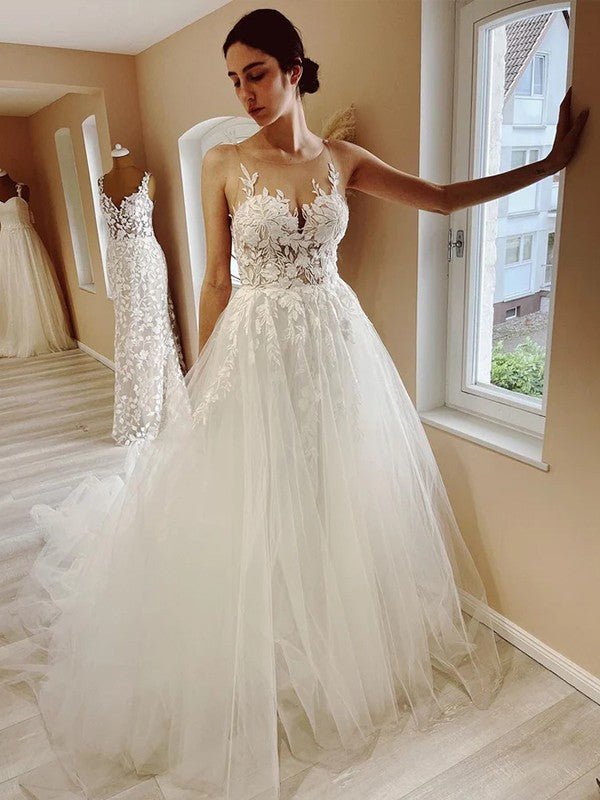 NumberSea - A - Line/Princess Tulle Applique Scoop Sleeveless Chapel Train Wedding Dresses