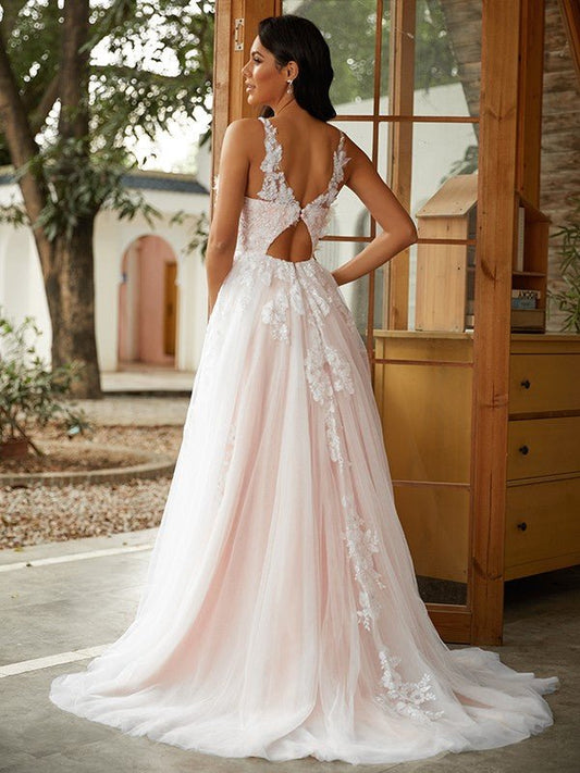 NumberSea - A - Line/Princess Tulle Applique Scoop Sleeveless Sweep/Brush Train Wedding Dresses