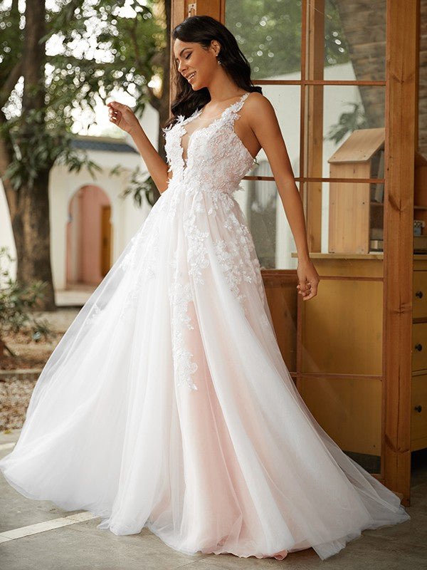 NumberSea - A - Line/Princess Tulle Applique Scoop Sleeveless Sweep/Brush Train Wedding Dresses