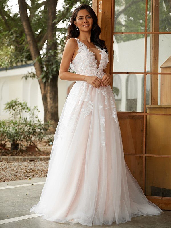 NumberSea - A - Line/Princess Tulle Applique Scoop Sleeveless Sweep/Brush Train Wedding Dresses